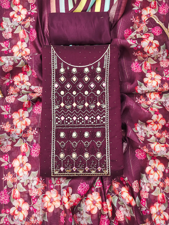 TAVAS Floral Embroidered Mirror Work Unstitched Dress Material