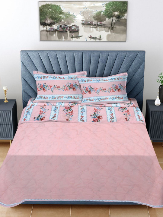 Myntra Elegant Homes Pink & Blue Floral Printed AC Room Double King Bedding Set