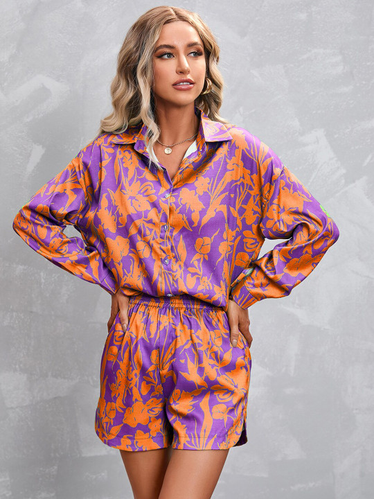 StyleCast Purple Printed Pure Cotton Shirt With Shorts