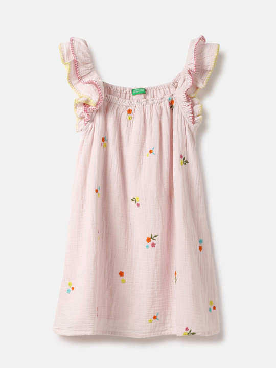 United Colors of Benetton Girls Floral Embroidered Flutter Sleeve Pure Cotton A-Line Dress