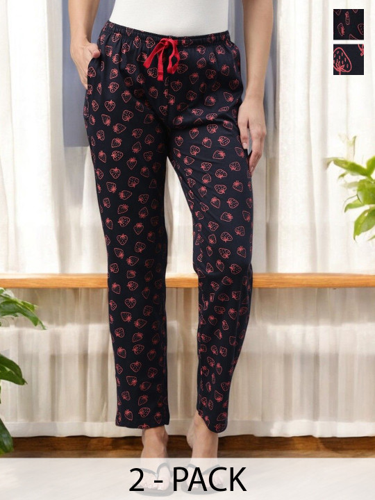 Kryptic Women Pack Of 2 Printed Pure Cotton Mid-Rise Lounge Pants