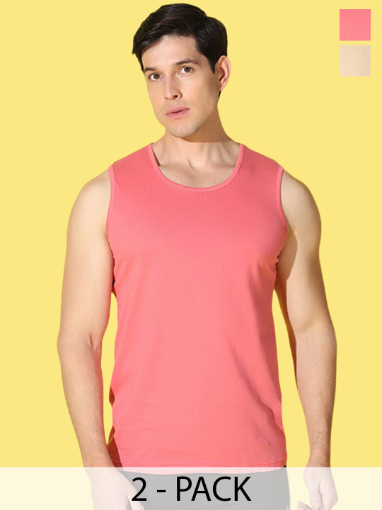 WOOSTRO Pack Of 2 Printed Combed Cotton Gym Vests VWS26(HARD RUST)(PLAIN PEACH)