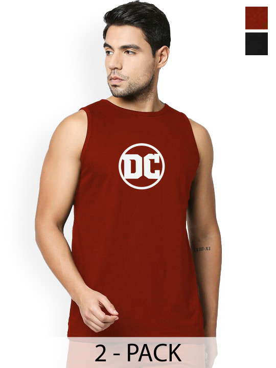 Organic Chics Pack Of 2 Printed Cotton Tank Vests Black Avenger-Maroon DC _S