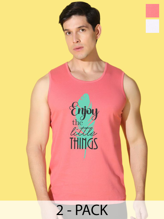 WOOSTRO 2-Pc Printed Odour-Free Cotton Innerwear Vests VWS26(BKLN WHITE)(ENJOY PEACH)