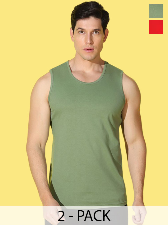 WOOSTRO Pack Of 2 Printed Super Combed Cotton Gym Vests VWS26(RUN RED)(PLAIN LGTGREEN)