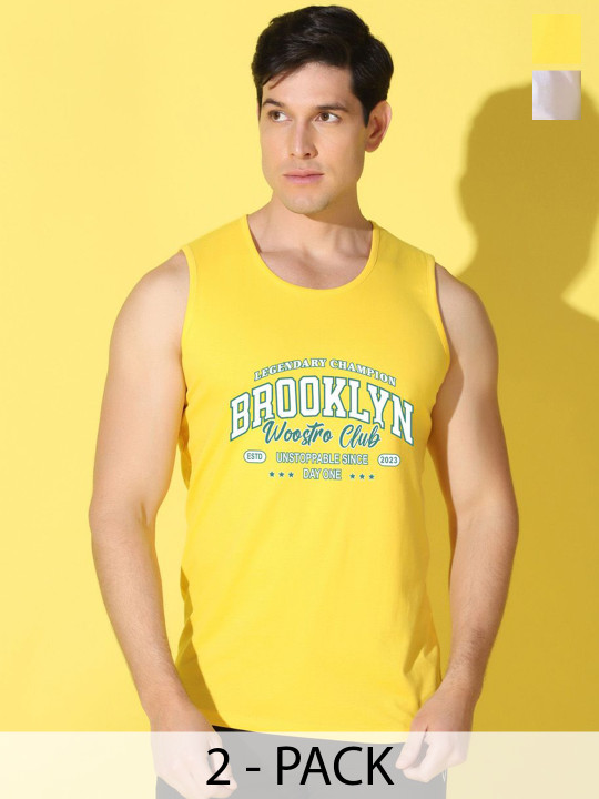 WOOSTRO Pack Of 2 Printed Combo Cotton Innerwear VestsVWS26(BKLN YELLOW)(ENJOY WHITE)