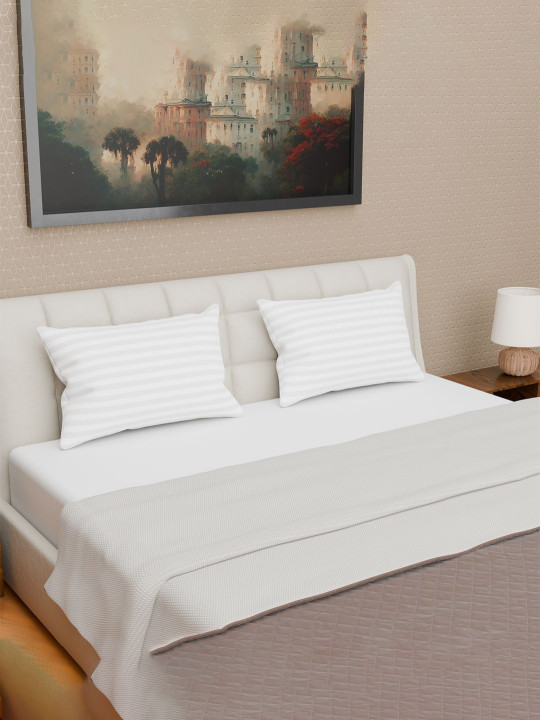 Myntra Elegant Homes Premium White Striped Polyester Set of 2 Medium Cotton Sleep Pillow-15 x 40 x 60 cm