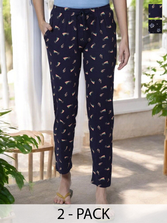 Kryptic Women Pack Of 2 Printed Pure Cotton Mid-Rise Lounge Pants
