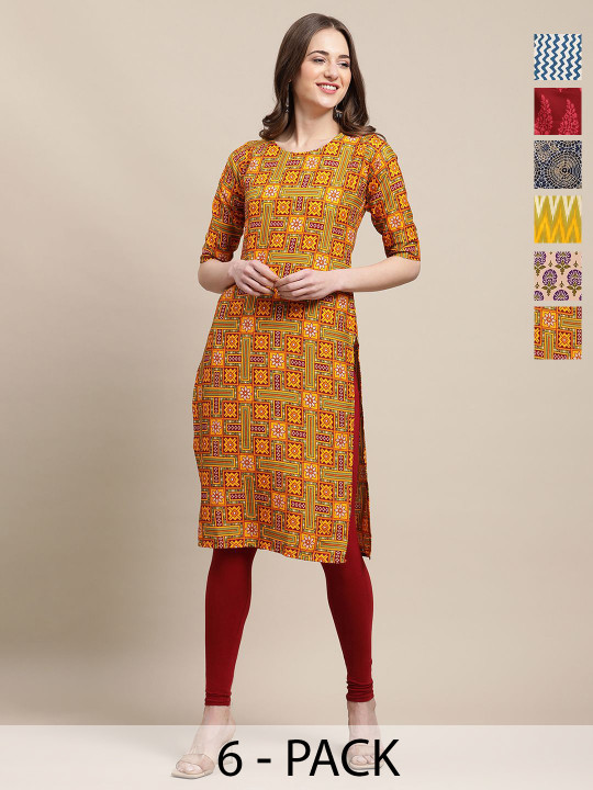 7Threads Pack of 6 Women Ethnic Motifs Printed Thread Work Floral Crepe Kurta