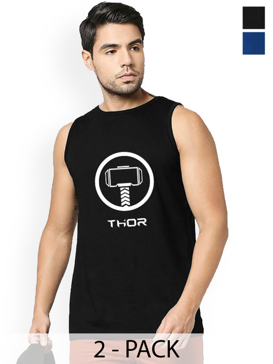 Organic Chics Pack Of 2 Printed Cotton Tank Vests Royal Avenger-Black Thor_S