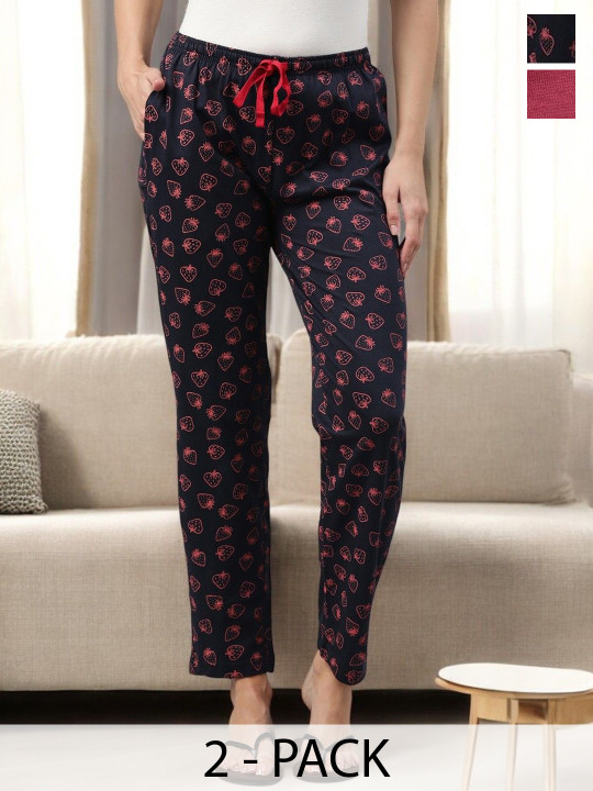 Kryptic Pack Of 2 Printed Pure Cotton Relaxed-Fit Mid-Rise Lounge Pants