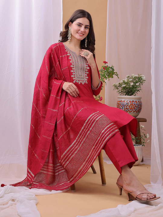 KALINI Yoke Design Zari Work Straight Kurta With Trouser And Dupatta