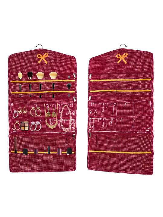 Kuber Industries Maroon 2 Pieces Printed Cotton Hanging Jewellery Organizer With Zip