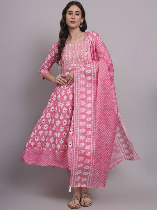 aayusika Embroidered Fit & Flared Midi Dress With Dupatta