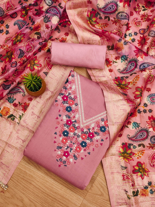 HERE&NOW Embroidered Roman Silk Unstitched Dress Material