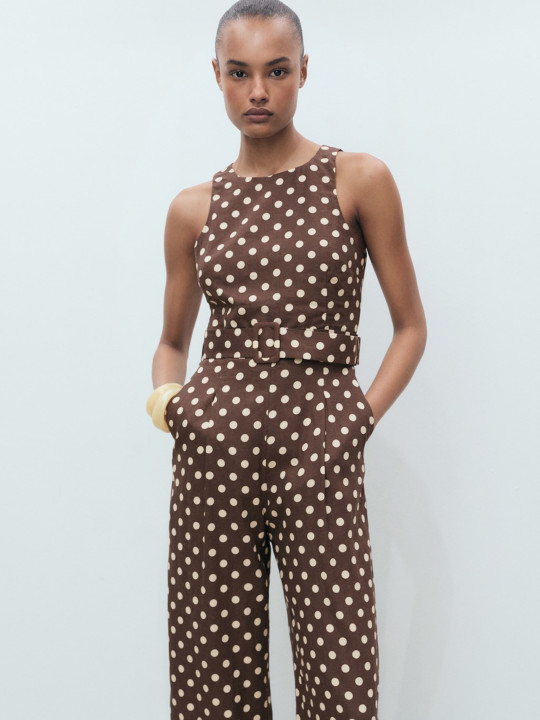MANGO Polka Dots Printed Flared Fit Jumpsuit with Belt