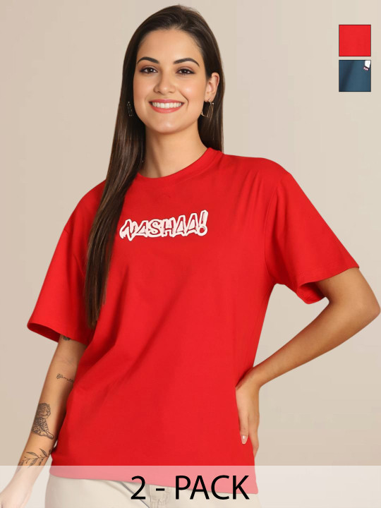Mast & Harbour Women Pack of 2 Graphic Printed Round Neck Cotton Oversized T-shirts