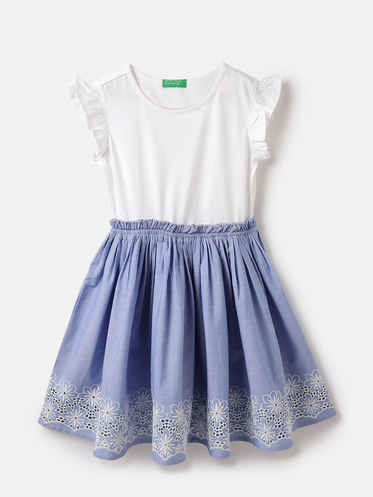 United Colors of Benetton Girls Embroidered Cotton Flutter Sleeve Fit & Flare Dress