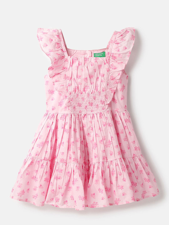 United Colors of Benetton Girl's Floral Print Flutter Sleeve Fit & Flare Dress