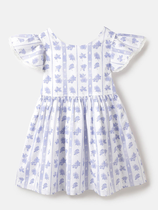United Colors of Benetton Girl Round Neck Floral Flutter Sleeve Fit & Flare Cotton Dress
