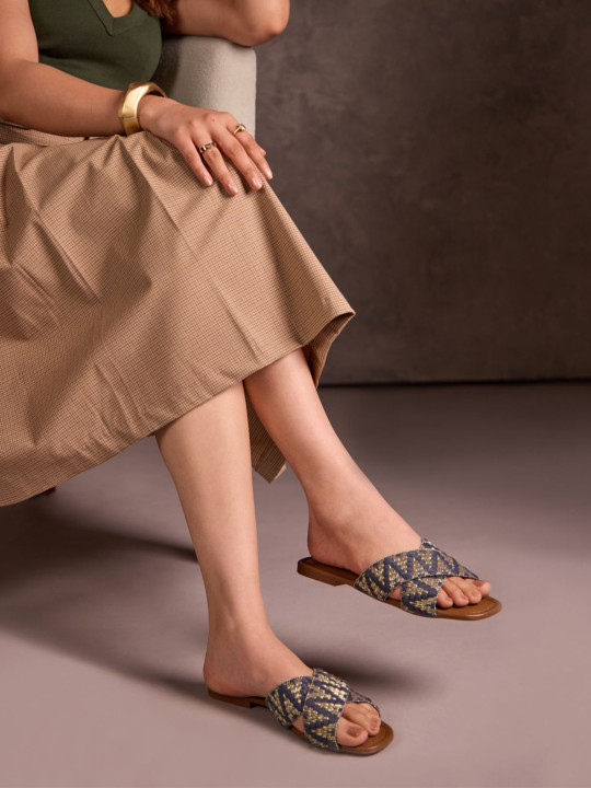 CAI Women Blue and Gold Printed Flats