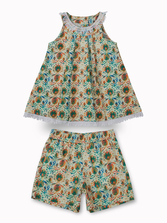 Gini and Jony Girls Printed Sleeveless Round Neck Pure Cotton Top With Shorts