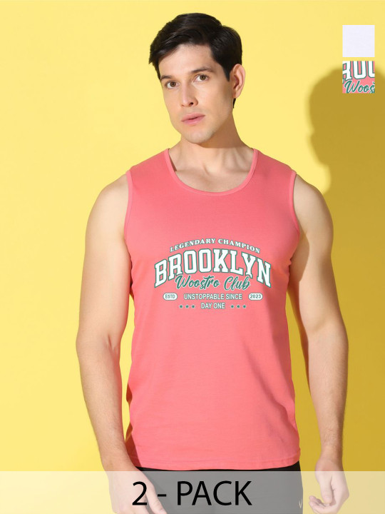 WOOSTRO Selection Of 2 Typography Printed Sleeveless Slim Fit T-shirt