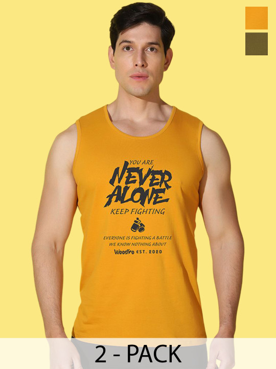WOOSTRO Pack Of 2 Printed Combed Cotton Gym Vests VWS26(HARD OLIVE)(ALONE MUSTARD)