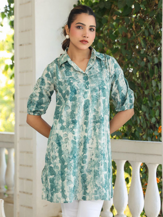 Janasya Women's Aqua Pure Cotton Tie & Dye A-line Short Kurti