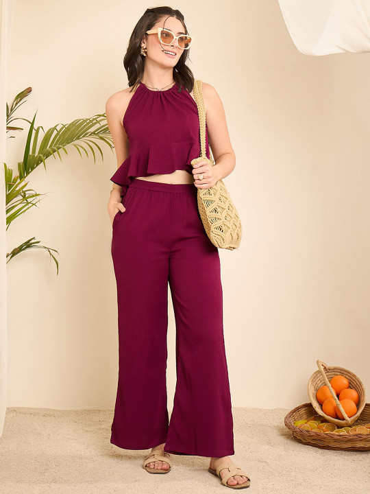 WineRed Halter Neck Sleeveless Crop Top With Trousers