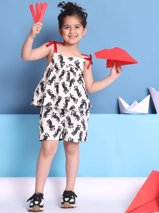 Baawri Girls Printed Shoulder Straps Pure Cotton Top With Shorts