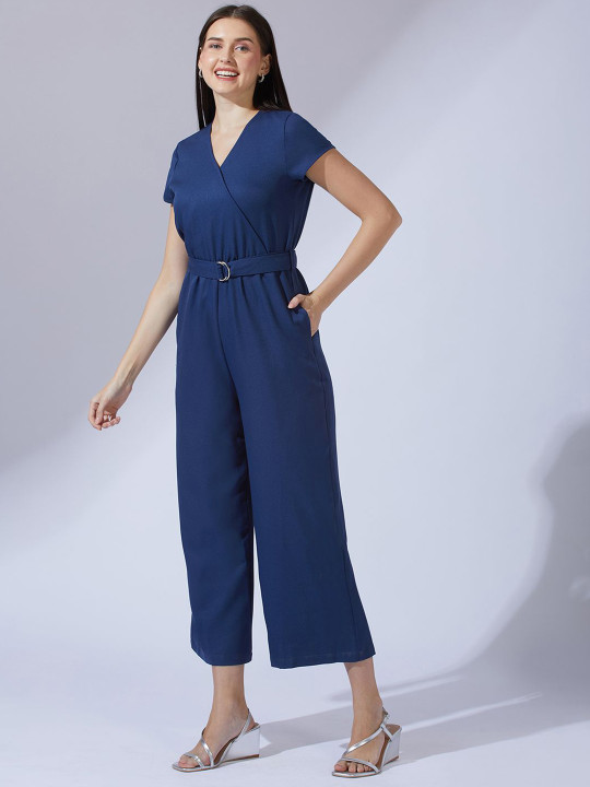 Globus Wrap V-Neck Short Sleeves Belted Long Jumpsuit