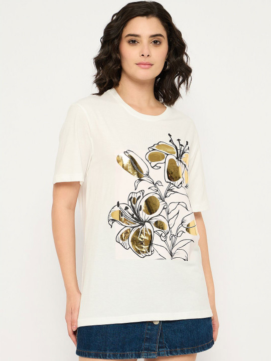 Mast & Harbour Women Floral Printed Round Neck Cotton Relaxed Fit T-shirt