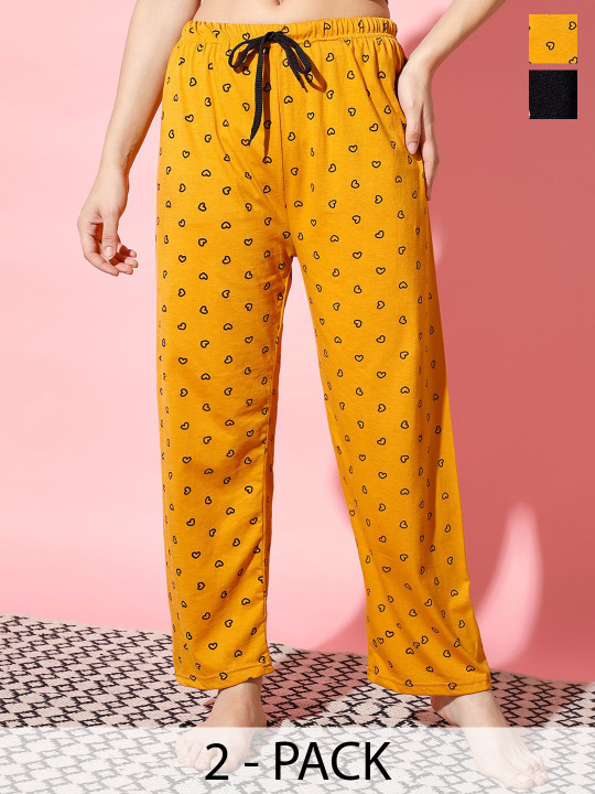 FIT N FAME Pack Of 2 Women Heart Printed Cotton Lounge Pants/Pyjama