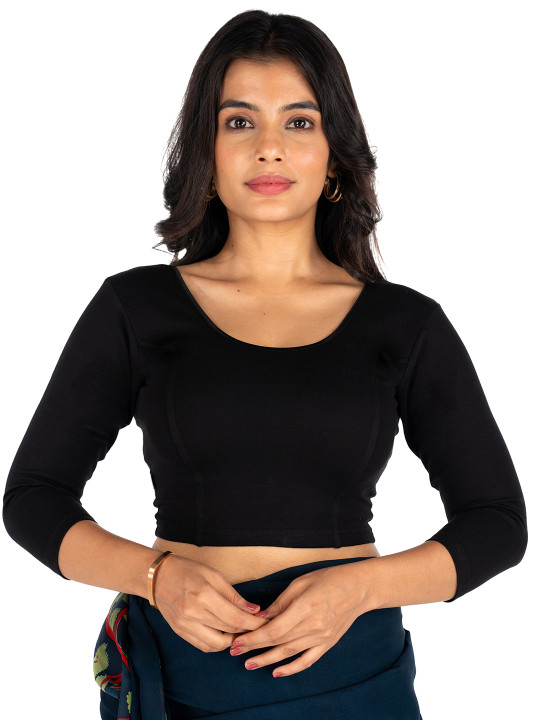 Abhi Women U Neck Solid Cotton Lycra Stretchable Full Sleeve Readymade Saree Blouse