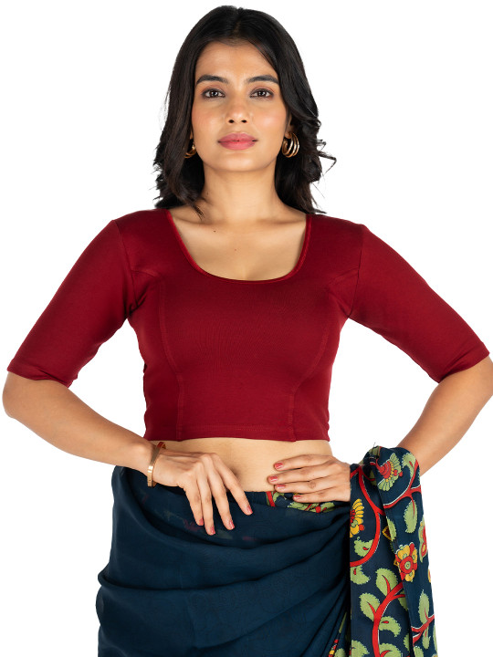 Abhi Women U Neck Solid Cotton Lycra Stretchable Half Sleeve Readymade Saree Blouse
