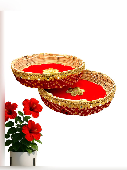 The Bath Stories Red & Gold Toned 2 Pieces Bamboo Fruit and Vegetable Basket