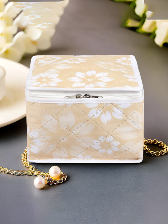 Aura Gold-Toned & White Floral Printed Jewellery Organiser With 10 Detachable Pouch