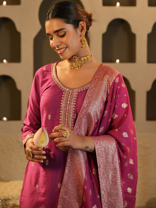 Indo Era Floral Embroidered Round Neck Zari Straight Kurta & Trousers With Dupatta