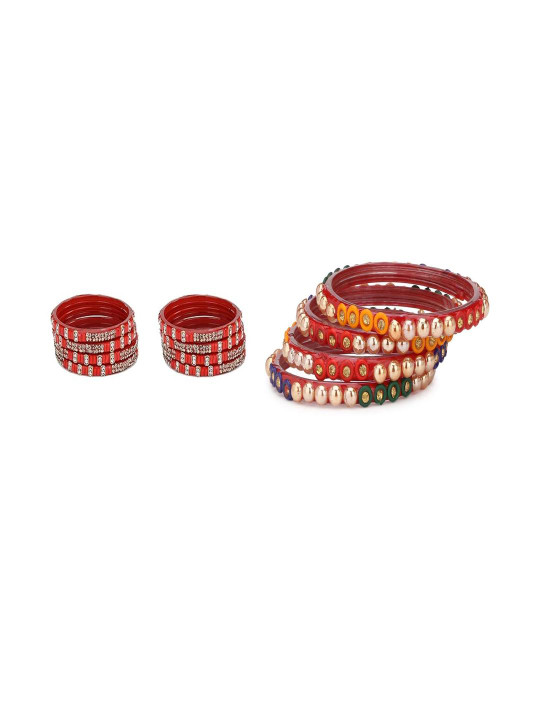 SOMIL Set Of 12 Red Alloy Artificial Stones & Beads Bangle