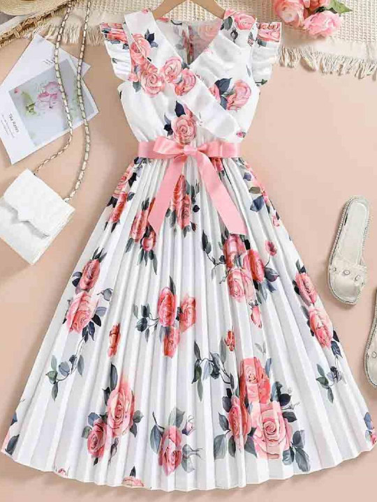 YK Girls Peach & White Floral Print Flutter Sleeve Fit & Flare Dress