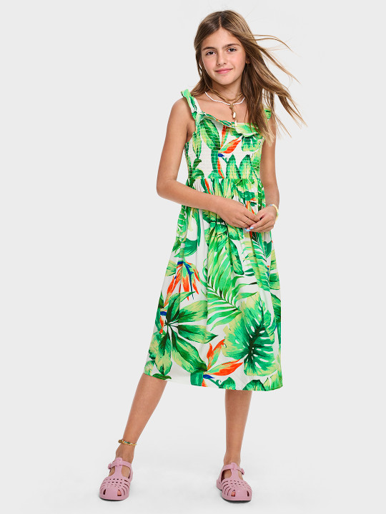 THE CHILDREN'S PLACE Girls Tropical Print Smocked Fit & Flare Dress