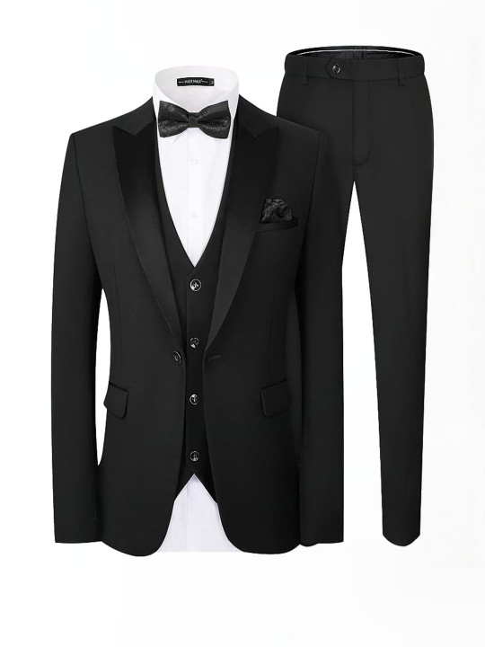 DHINGRA Men Black Solid Lapel collar Tuxedo 3 Pcs Suit