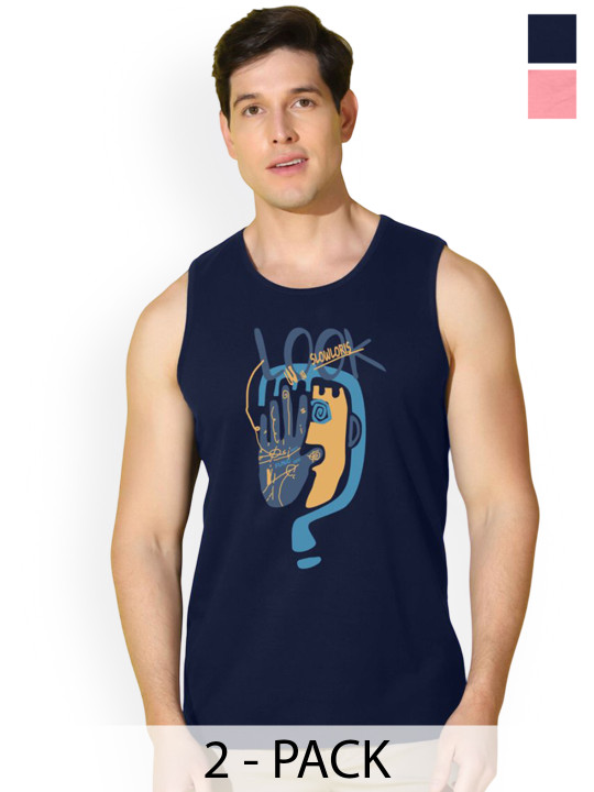 SLOWLORIS Pack Of 2 Printed Scoop Neck Sleeveless Cotton Gym Vests