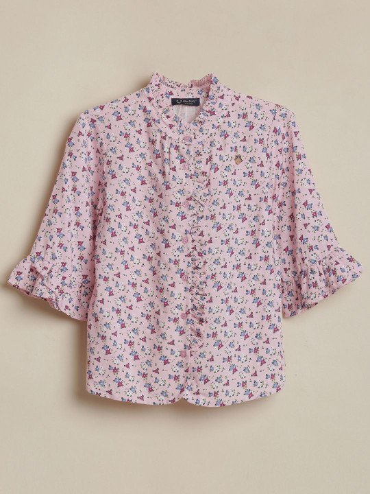 Allen Solly Junior Girls Floral Printed Ruffles V-Neck Shirt Style Cotton Regular Top