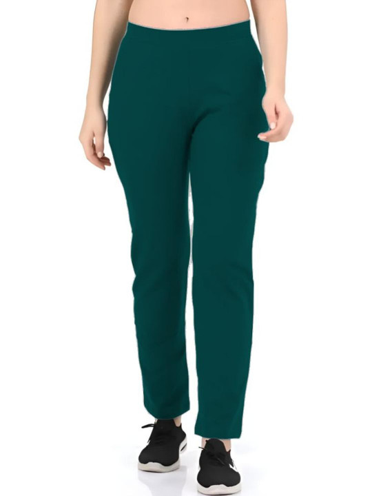 Lango Women Solid Green Relaxed Fit Cotton Track Pants