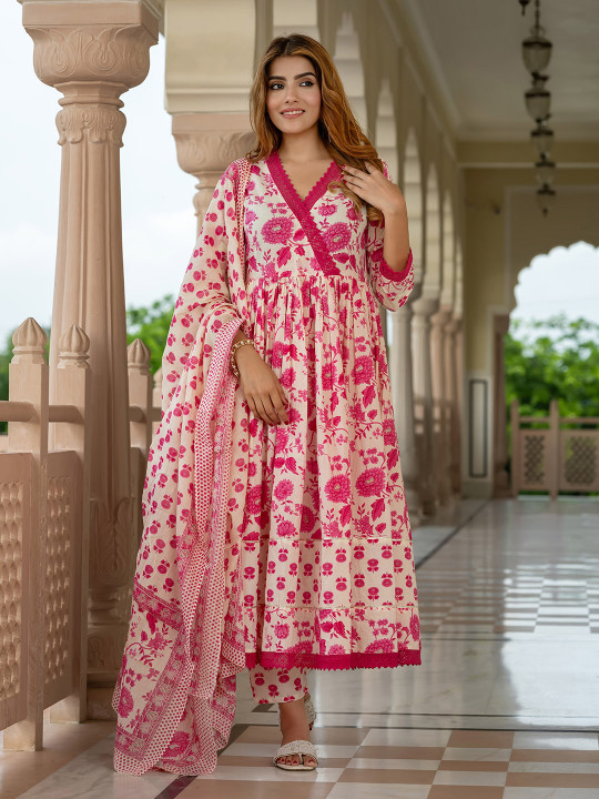 KALINI Floral Printed Anarkali Pure Cotton Kurta With Trousers & Dupatta