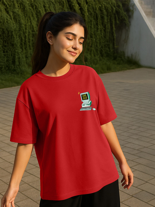 JUNEBERRY Women Red Printed Round Neck Relaxed Fit Pure Cotton Oversized T-shirt