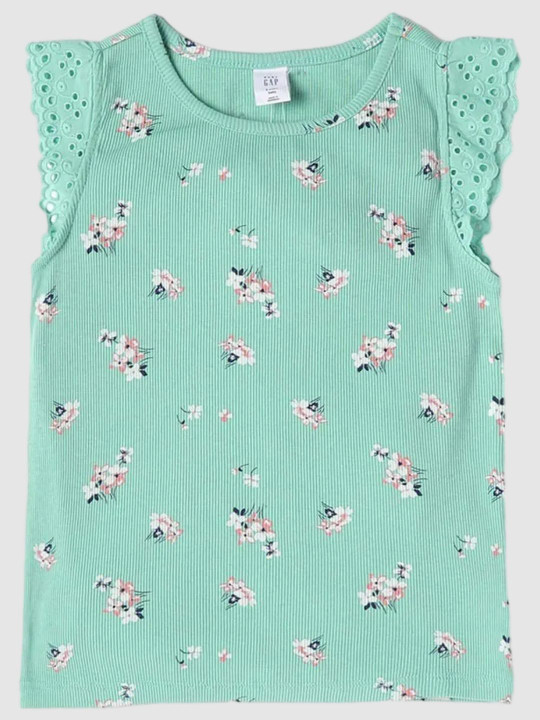 GAP Girls Floral Printed Pure Cotton Flutter Short Sleeve Round Neck Top