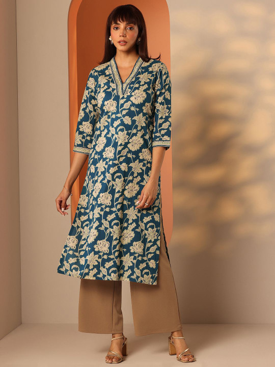 Libas Floral Printed Mandarin Collar Straight Thread Work Pure Cotton Kurta